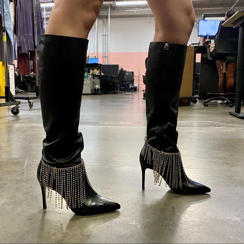 Leather heeled boots with crystal fringe